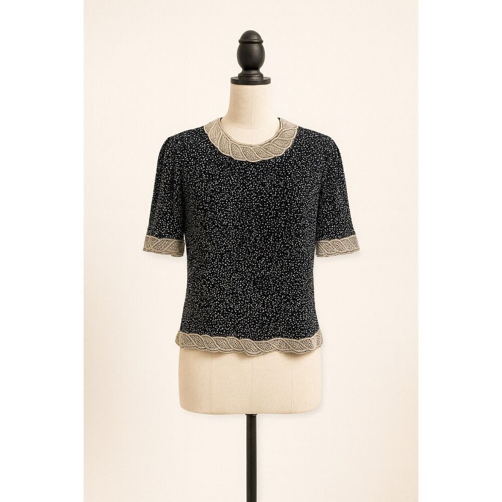 Camille Marie Vintage 100% Silk Beaded Blouse Short Sleeve Black Cream Size M